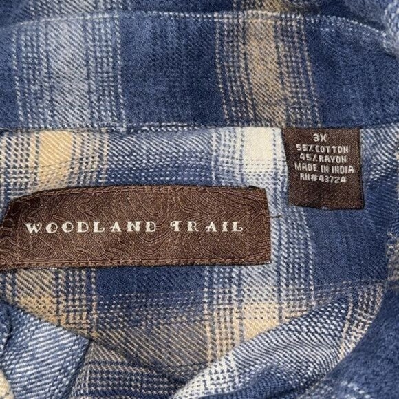 Mens Woodland Trail Blue & Tan Plaid Button-Up Shirt 3X Cotton/Rayon Blend Made - Picture 3 of 9